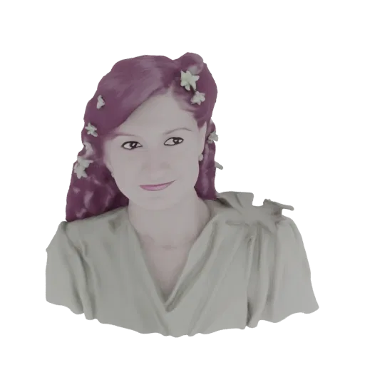 3D model render of a vintage woman with purple hair and flowers in her hair, wearing a light-colored dress.