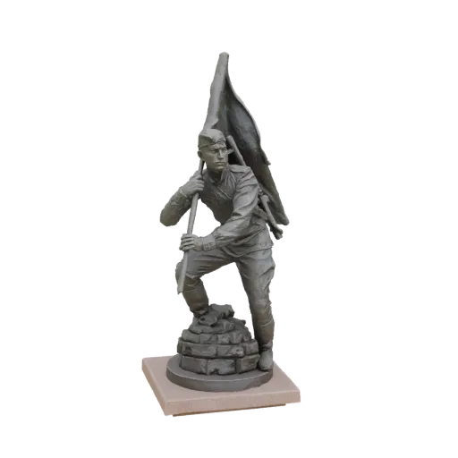 3D model of a Soviet soldier in uniform, mid-stride, holding a flag with a determined expression, standing on a brick base.