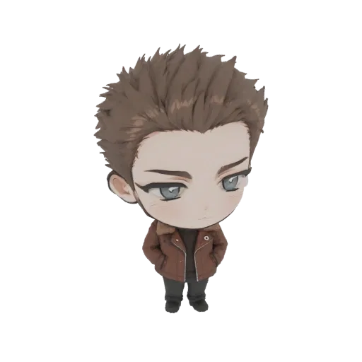 A 3D render of a chibi anime boy with large blue eyes and brown hair, wearing a brown jacket with a fur collar, standing with