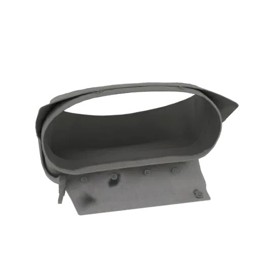 3D model of a gray, industrial metal air vent duct flange with visible rivets, set against a black background.
