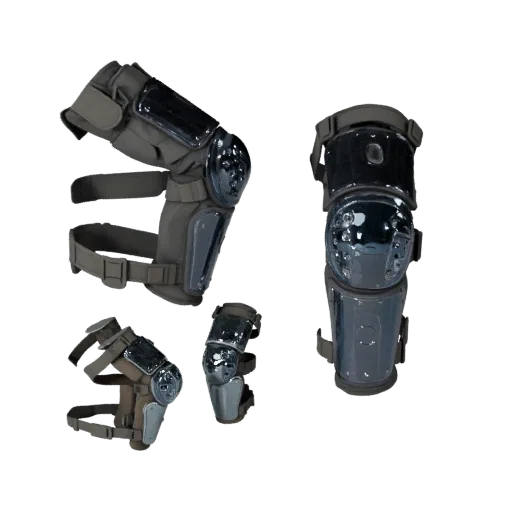 Modelo 3D de alta resolução Joelheiras de Resgate, render de estúdio em close-up, mostrando escudos transparentes, silhueta p