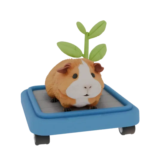 Modèle 3D de cochon d'Inde avec une pousse verte sur le dos, assis sur une plateforme bleue avec des roues, sur fond blanc.