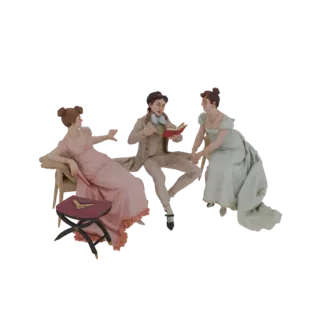 Modelo 3D de uma cena de leitura da Era Regencial com três figuras em trajes de época, um homem lendo, duas mulheres ouvindo.
