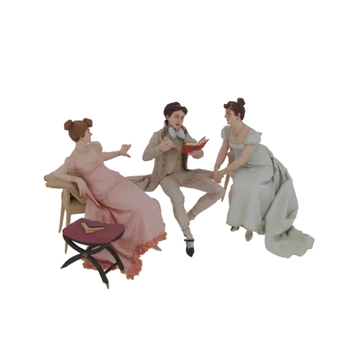 3D model of a Regency era reading scene with three figures in period clothing, one man reading, two women listening.