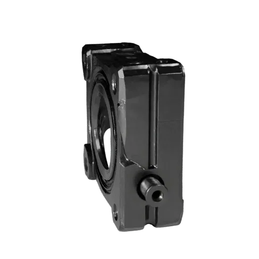 Cast Metal Bearing Block 3D model, side profile view, technical viewport render, showing machined metal, form detail.
