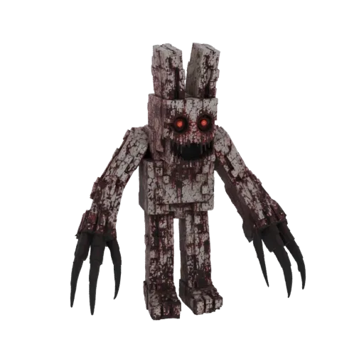 A 3D render of a blocky, white rabbit monster covered in red blood splatters, with glowing red eyes and sharp claws.