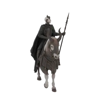 3D-Modell eines dunklen Ritters in Rüstung, der auf einem gehornten Pferd reitet und einen Speer hält.