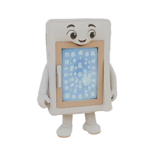 Modelo 3D de um personagem tablet fofo, off-white, com rosto sorridente e tela exibindo ícones, em pé sobre dois pés com braç