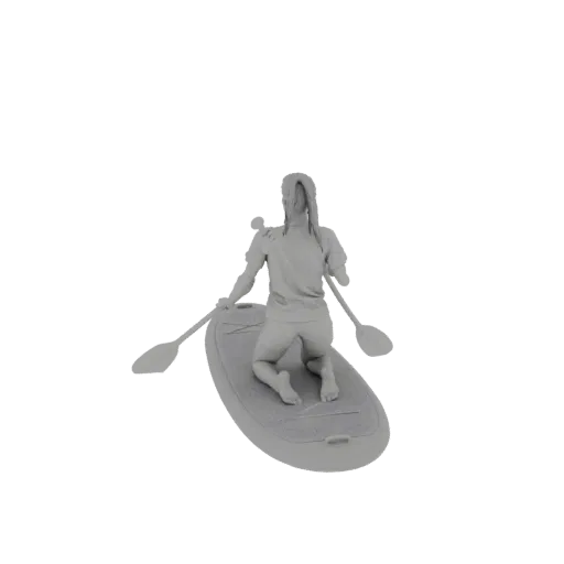 3D model of a person kneeling on a paddleboard, holding a paddle, viewed from the back.