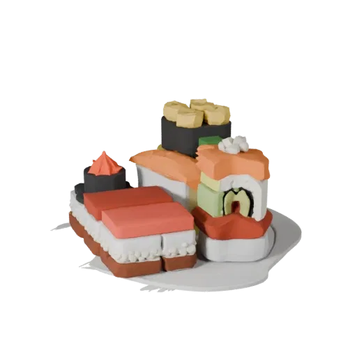 Gourmet Sushi Set Printable 3D model, isometric STL render, showing sauces, plated composition.