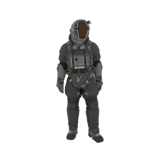 A full-body 3D render of a retro sci-fi astronaut suit standing against a black background, showcasing its helmet, life suppo