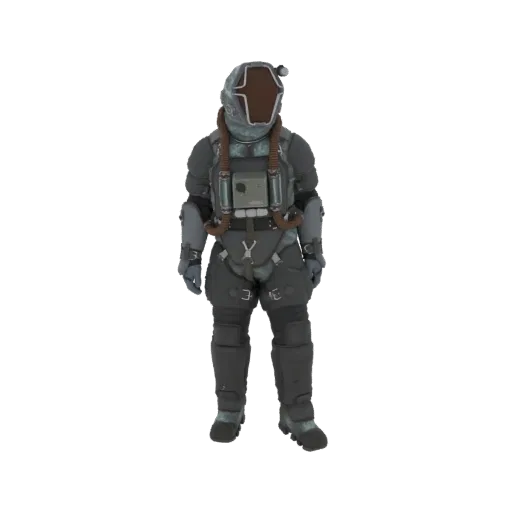 A full-body 3D render of a retro sci-fi astronaut suit standing against a black background, showcasing its helmet, life suppo