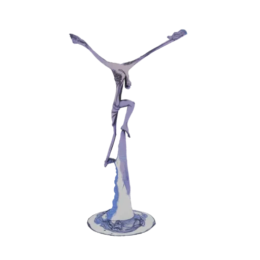 3D model render of a stylized human acrobat balancing with arms outstretched on a fluid, flared pedestal.