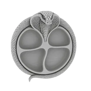 3D model render of a grey trinket dish with a detailed cobra sculpture forming the outer edge and four internal compartments.