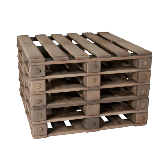 Medieval Wooden Pallet 3D model, three-quarter front view, Unity viewport, showing wood planks, stackable massing.