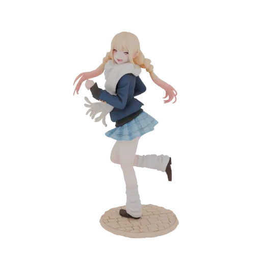 3D model of a blonde anime girl in a blue jacket, plaid skirt, and white scarf, striking a dynamic pose on a cobblestone base