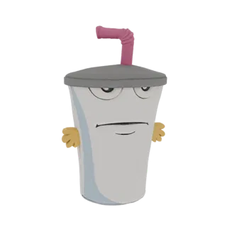3D model of a grumpy white shake cup with a pink straw and yellow hands, against a white background.