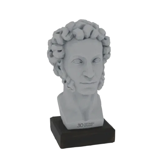 3D model of a bust of Alexander Pushkin, featuring his iconic curly hair and a dark wooden base with the '3D ARTISAN STUDIO'