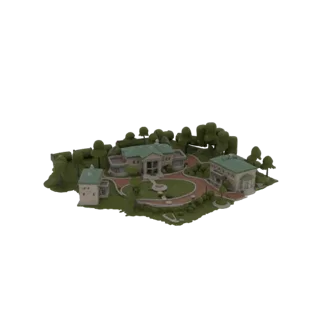 Modelo 3D de una gran finca con una mansión grande, una casa de invitados más pequeña y jardines circundantes con árboles y c