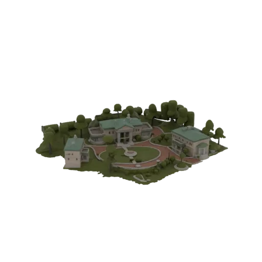 3D model of a grand estate featuring a large mansion, a smaller guest house, and surrounding gardens with trees and pathways.