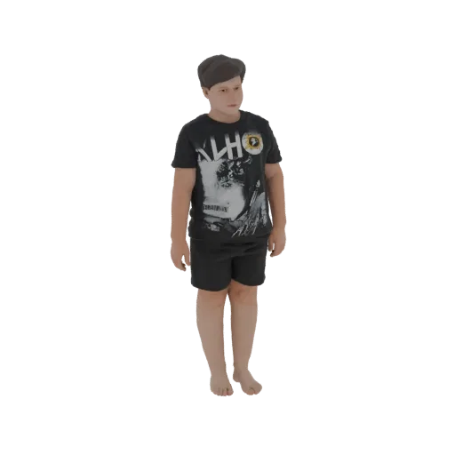 3D model of a young boy standing, wearing a black graphic t-shirt and black shorts, with short brown hair.
