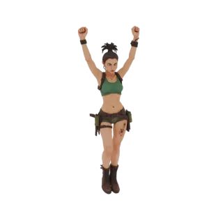 Modelo 3D de mujer aventurera con top verde y shorts, brazos en alto, sobre fondo blanco.
