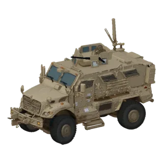 3D model of a desert camouflage armored personnel carrier with a machine gun turret, parked on a sandy terrain.