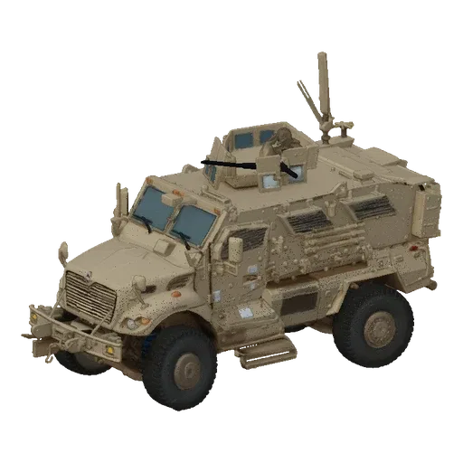 3D model of a desert camouflage armored personnel carrier with a machine gun turret, parked on a sandy terrain.