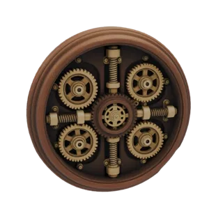 3D-Modell eines Steampunk-Zahnradmechanismus mit Messingrädern und Holzgehäuse, das komplexe mechanische Details zeigt.