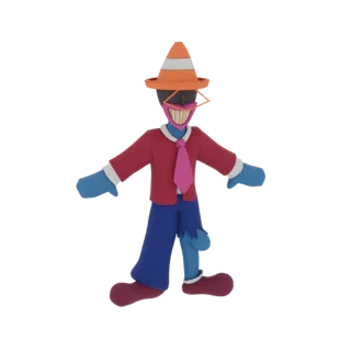 Modèle 3D d'un personnage zombie style pâte à modeler portant une veste rouge, une cravate rose et un chapeau cône de signali