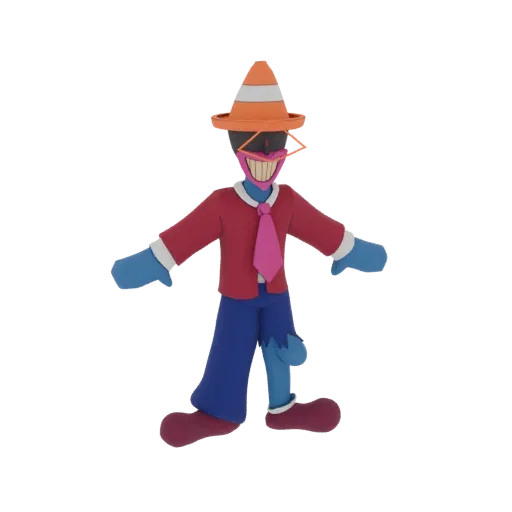 Modello 3D di un personaggio zombie in stile plastilina con giacca rossa, cravatta rosa e cappello a cono stradale arancione,