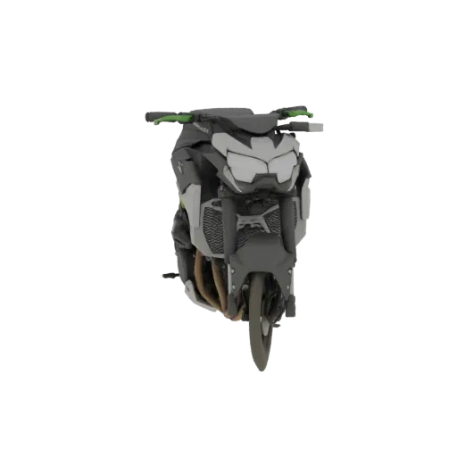 Front view of a 3D model of a Kawasaki Z900 motorcycle with a grey and black body and green handlebars.