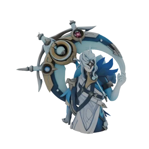 3D model of a fantasy warrior with a large, ornate scythe, featuring blue and white armor and a masked face.