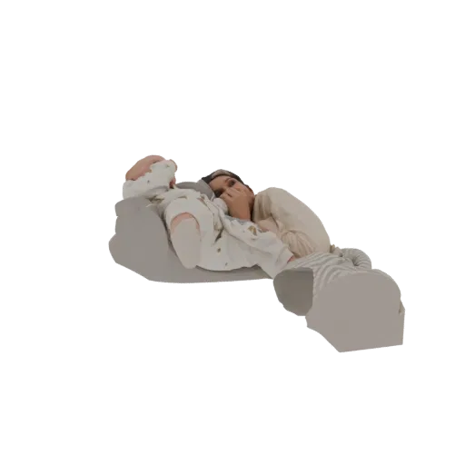 3D model of a mother sleeping next to her baby in a comfortable, ergonomic sleeping pod.