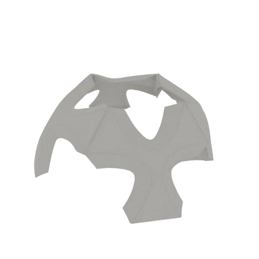 Rendu 3D d'une structure géométrique abstraite gris clair avec des plans imbriqués et des éléments courbes, sur fond blanc.