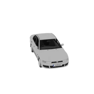 Ein 3D-Modell eines weißen Limousinenautos, von einem leicht erhöhten vorderen rechten Winkel aus gesehen, vor einem weißen H