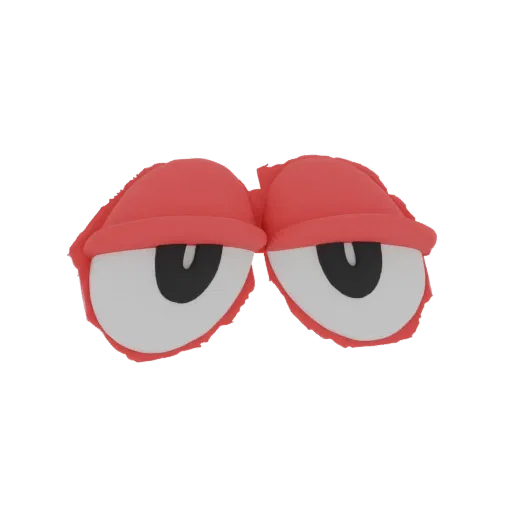 A 3D render of two large, sleepy red eyes with white sclera and black pupils against a black background.