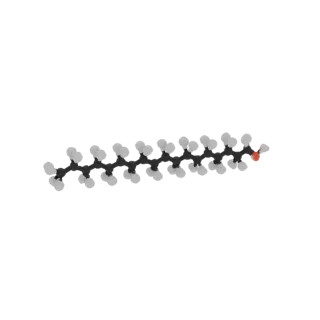 3D model of stearic acid molecule, showing carbon, hydrogen, and oxygen atoms in a ball-and-stick representation.