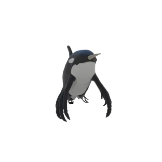 Modello 3D di una creatura fantastica ibrida di orca e narvalo, con marcature bianche e nere e un lungo corno.
