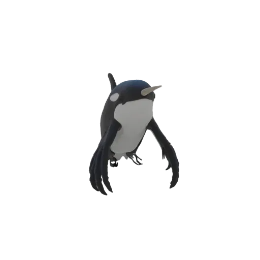 Modelo 3D de uma criatura fantástica híbrida de orca e narval, com marcas pretas e brancas e um longo chifre.