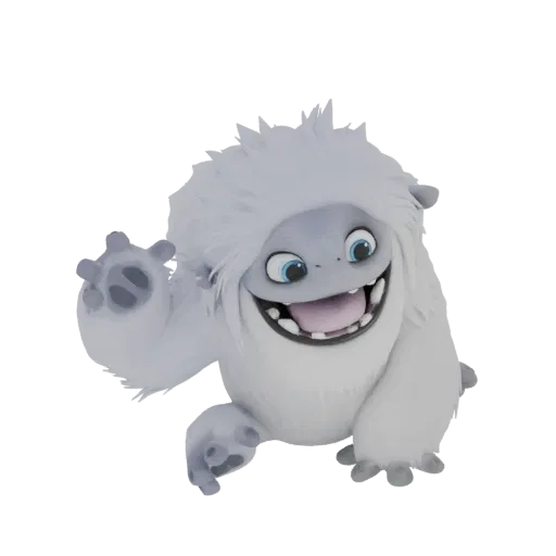 Un personnage Yéti blanc, duveteux et joyeux avec un large sourire et des yeux bleus, capturé dans une pose dynamique, rendu