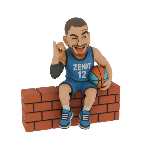 3D model of a cartoonish Zenit basketball player figurine winking and holding a basketball, sitting on a brick wall.