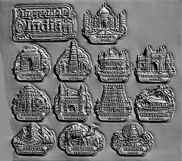 3D model of 'Incredible India' bas-relief featuring Taj Mahal, India Gate, and other landmarks