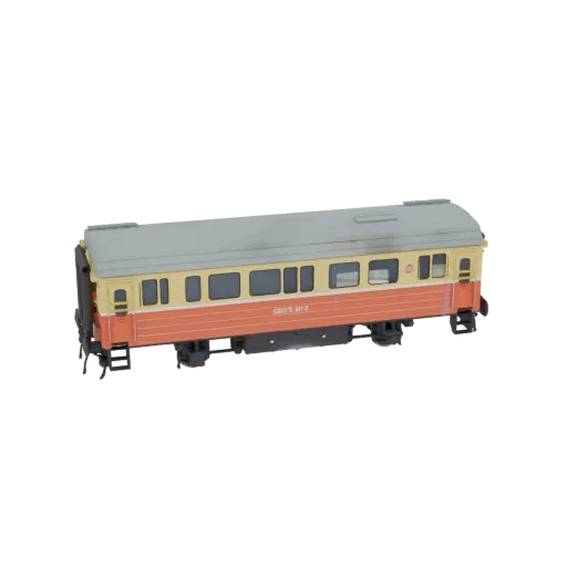 3D model of a vintage passenger train car with orange and yellow livery, featuring multiple windows and a grey roof.