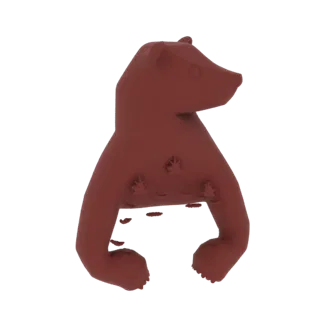A 3D render of a stylized brown bear with leaf imprints on its body, presented in a matte brown finish.
