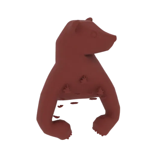 Un rendering 3D di un orso bruno stilizzato con impronte di foglie sul corpo, presentato in una finitura marrone opaca.
