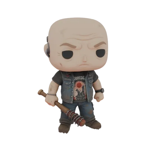 3D model of a bald punk character in Funko Pop style, wearing a denim vest and holding a nail-studded baseball bat.