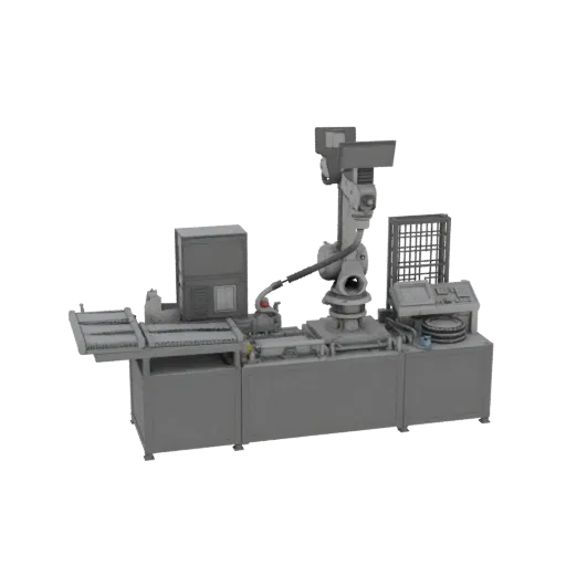 Assembly Robot Cell Printable 3D model, isometric STL render, showing painted steel, machine stations.