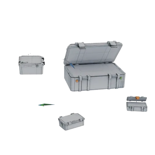 Modèle 3D d'une mallette de protection grise et robuste avec son couvercle ouvert, montrant les détails internes et les loque