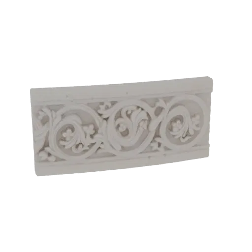 3D model of a white architectural molding with intricate floral scrollwork and swirling leaf patterns.